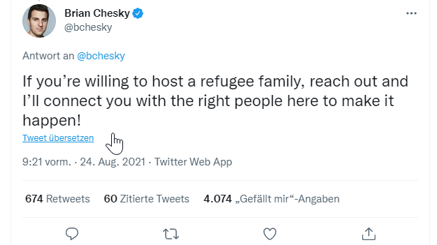 Außerdem rief Chesky dazu auf, sich über die Plattform zu melden, sollte man eine Familie aus Afghanistan unterbringen können.