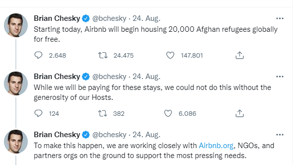 Airbnb-Chef Brian Chesky teilte am Dienstag via Twitter seine Hilfeaktion für Afghanistan-Flüchtlinge mit. Airbnb-Chef Brian Chesky teilte am Dienstag via Twitter seine Hilfeaktion für Afghanistan-Flüchtlinge mit.