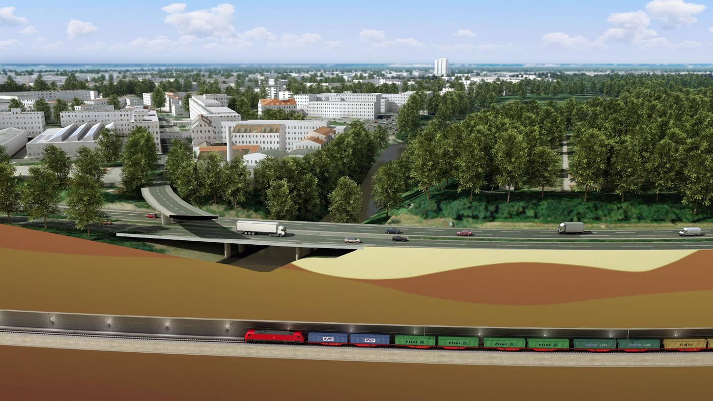 In 40 Metern Tiefe soll der Güterzugtunnel an der Stadtgrenze Nürnberg/Fürth künftig die Pegnitz unterqueren, bevor er dann entlang der A73 weiterverläuft.
In 40 Metern Tiefe soll der Güterzugtunnel an der Stadtgrenze Nürnberg/Fürth künftig die Pegnitz unterqueren, bevor er dann entlang der A73 weiterverläuft.