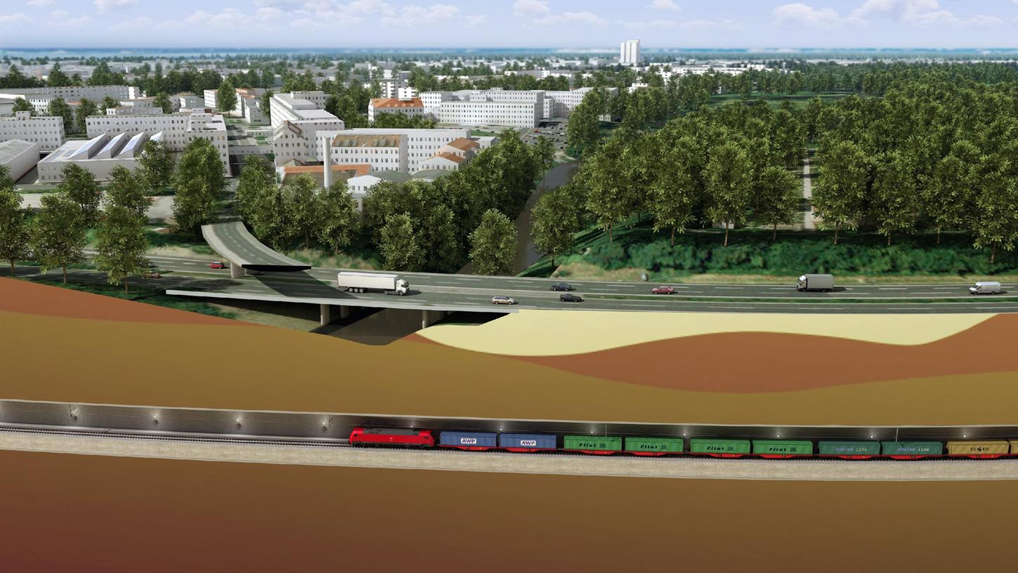 In 40 Metern Tiefe soll der Güterzugtunnel an der Stadtgrenze Nürnberg/Fürth künftig die Pegnitz unterqueren, bevor er dann entlang der A73 weiterverläuft.
In 40 Metern Tiefe soll der Güterzugtunnel an der Stadtgrenze Nürnberg/Fürth künftig die Pegnitz unterqueren, bevor er dann entlang der A73 weiterverläuft.