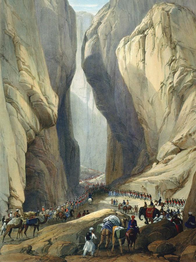 Szene aus dem ersten britisch-afghanischen Krieg (1839-42): Britische Truppen am Bolan-Pass im Süden Afghanistans.  