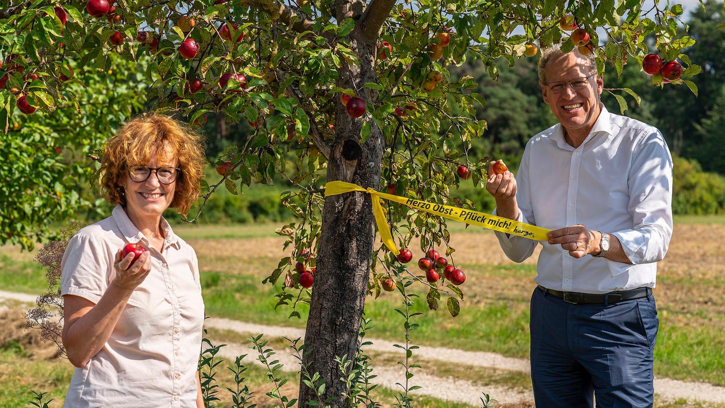 "Herzo Obst - Pflück mich" ist eine Aktion zum Abernten stadteigener Bäume, die von Monika Preinl (links) und German Hacker vorgestellt wurde.