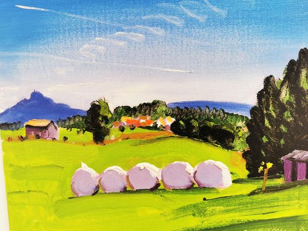 Oberpfälzer Landschaft mit dem Rauen Kulm im Hintergrund: Gemälde von Peter Angermann. Oberpfälzer Landschaft mit dem Rauen Kulm im Hintergrund: Gemälde von Peter Angermann.