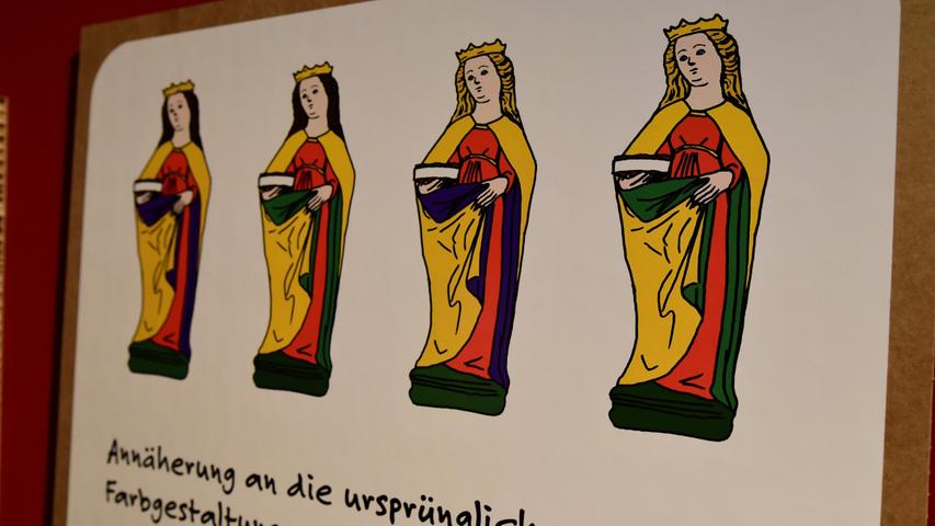 Die Heilige Elisabeth und die Erklärung des Versuchs einer Annäherung an die ursprüngliche Farbgestaltung. Die Heilige Elisabeth und die Erklärung des Versuchs einer Annäherung an die ursprüngliche Farbgestaltung.