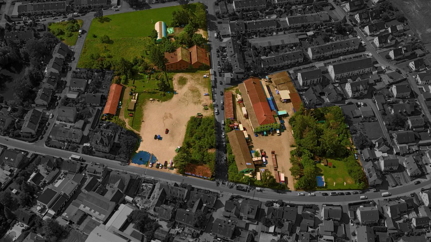 Der farbige Bereich auf diesem Luftbild wird die Neue Mitte Boxdorf.