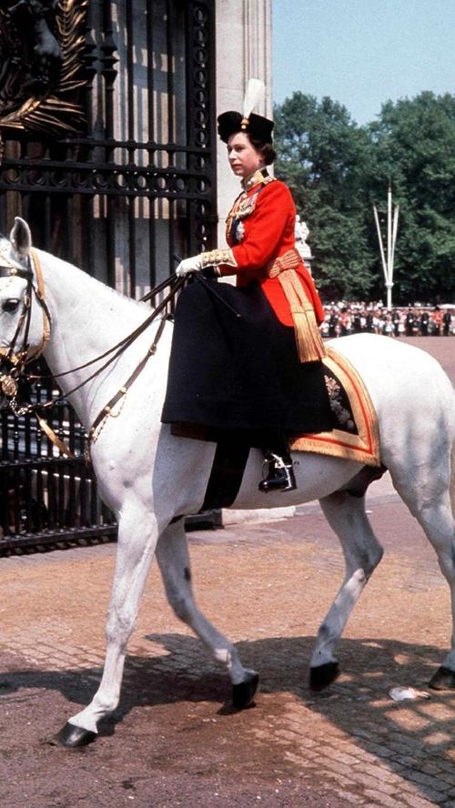 Queen Elizabeth II. reitet im Juni 1963 auf ihrem Pferd in den Londoner Buckingham Palace zurück. Wie nahezu alle Mitglieder des Hauses Windsor ist auch die Monarchin eine bekennende Pferdenärrin und war eine hervorragende Reiterin.