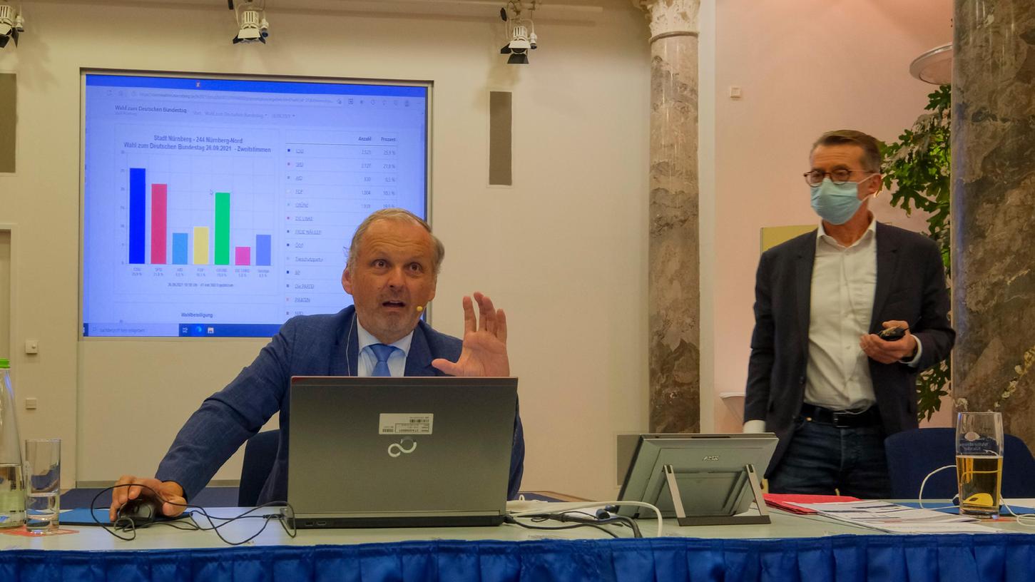 Präsentieren am Wahlabend die eingehenden Ergebnisse, die noch in der Nacht ausgewertet wurden: Michael Ruf vom Stab Stadtentwicklung (links) und Wahlamtsleiter Wolf Schäfer.