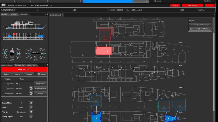 Roter Alarm: ein typisches Schadensüberblicksbild der Software mit simuliertem Wassereinbruch beziehungsweise Feuerschaden.