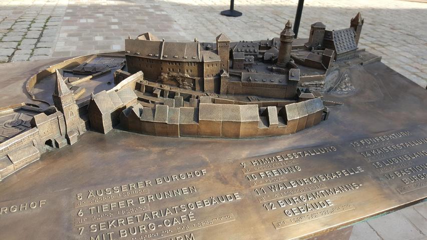 Am neuen Burgmodell aus Bronze sind Erklärungen auch in Brailleschrift für Sehbehinderte angebracht. Am neuen Burgmodell aus Bronze sind Erklärungen auch in Brailleschrift für Sehbehinderte angebracht.