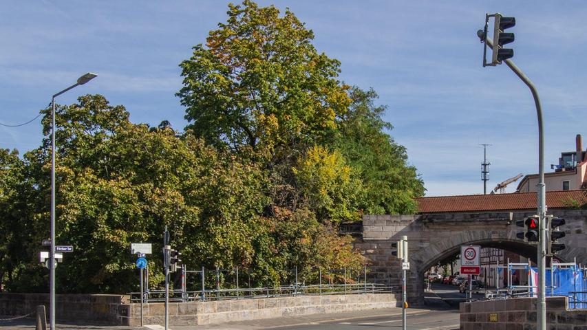 Das Fürther Tor heute: Die hochgeschossenen Laubbäume verdecken im Graben die Ansicht weitgehend.
