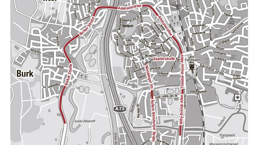 Beschwerden von Forchheimern zu überhöhten Geschwindigkeiten gab es immer wieder. Schwerpunkte bilden: die Klosterstraße, Nürnberger und Äußere Nürnberger Straße, Adenauerallee, Theodor-Heuss- und Willy-Brandt-Allee und Burker Straße (in rot gekennzeichnet).