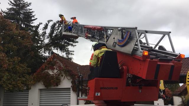 Mit der Drehleiter waren die Feuerwehrleute vor Ort, um Sturmschäden zu beseitigen. Mit der Drehleiter waren die Feuerwehrleute vor Ort, um Sturmschäden zu beseitigen.