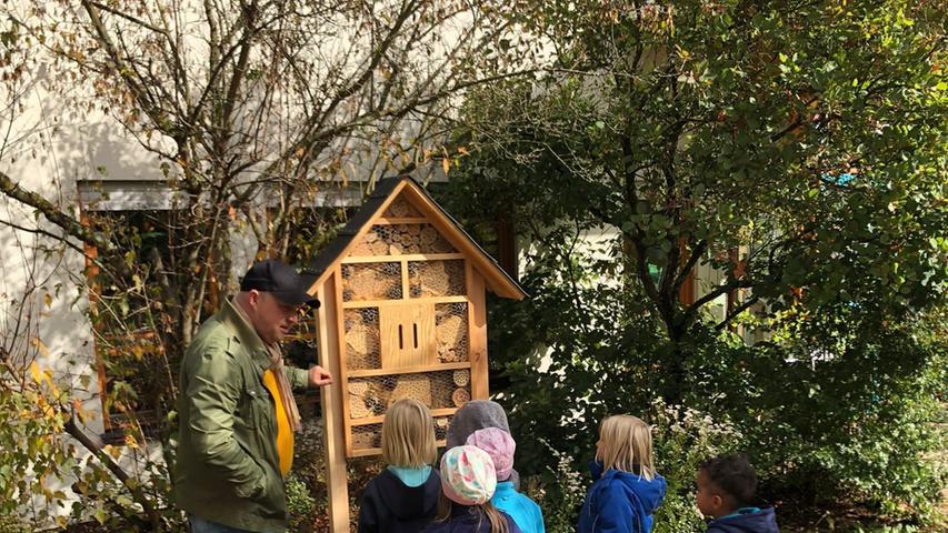 Der Jugend- und Familienbeirat Buckenhof hat den Kindergärten Grashüpfer und Fohlenkoppel sowie der Jugendheimstätte Puckenhof je ein Insektenhotel gespendet. Sie bieten vielen Insektenarten Nist- und Überwinterungshilfe. "Wir wollen einen kleinen Beitrag zur Erhaltung gefährdeter Insektenarten leisten und hoffen auf viele Nachahmer unter den Buckenhofer Gartenbesitzern. Zugleich wollen wir den Kindern ein anschauliches Beispiel für Umweltschutz bieten“, berichtet die Vorsitzende des Jugend- und Familienbeirats, Cornelia Kaiser.  Die Kinder beobachten tatsächlich interessiert das lebhafte Treiben von Hummeln, Wildbienen, Schlupfwespen und anderen Insekten. Die Insektenhotels wurden von der Behindertenwerkstatt der Barmherzigen Brüder in Gremsdorf hergestellt.  Fotolegende: Marcus Meyer, Leiter des Kinderhauses Grashüpfer, zeigt den Kindern das neue Insektendomizil.  