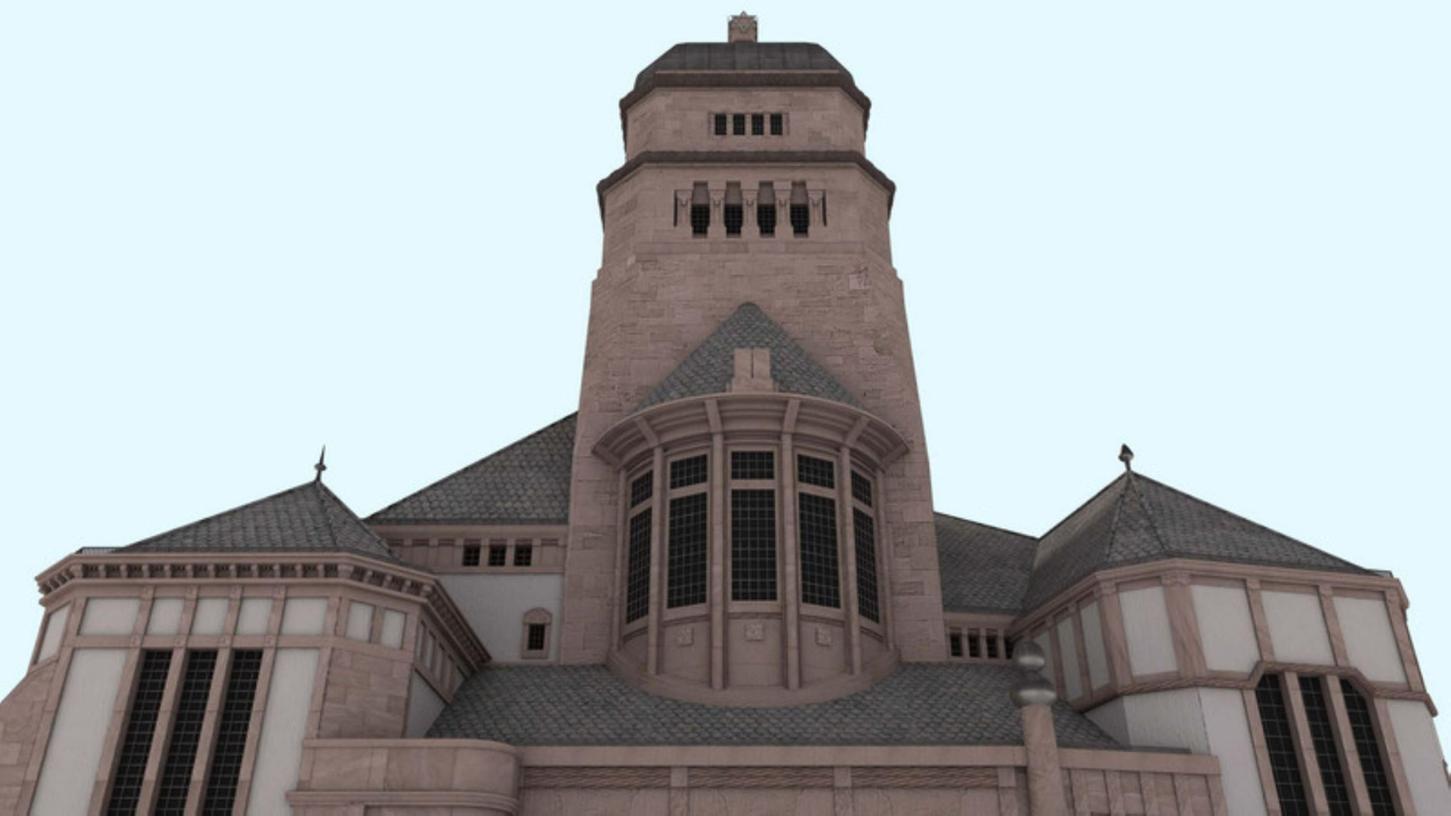 Das Bild zeigt die virtuell rekonstuierte Front der einstigen Synagoge mit dem 37 Meter hohen Turm.