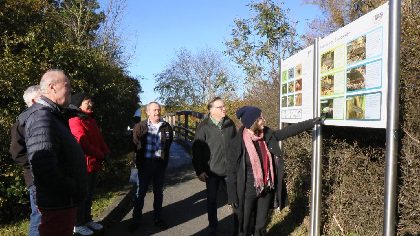 Blick auf Schautafeln an der Aischbrücke bei Nainsdorf: Der neue Fischereilehrpfad ist jetzt offiziell eröffnet.