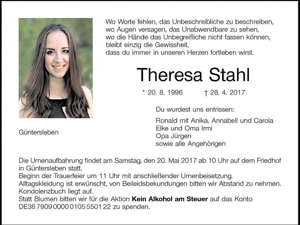 Theresa wurde nur 20 Jahre alt. Ihre Familie engagiert sich gegen Alkohol am Steuer.