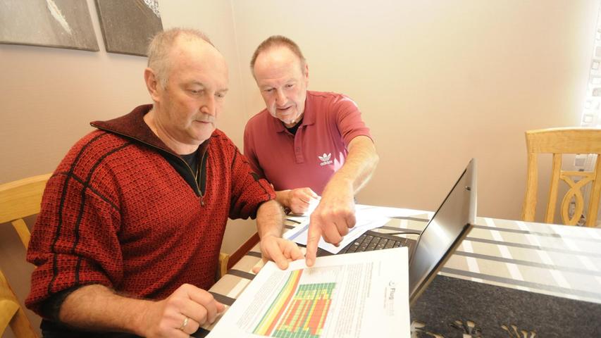 Die Niederndorfer Herbert Hoffmann (l.) und Martin Jaeger beobachten die nächtlichen Flugbewegungen genau. Und hören sie - zwangsläufig.