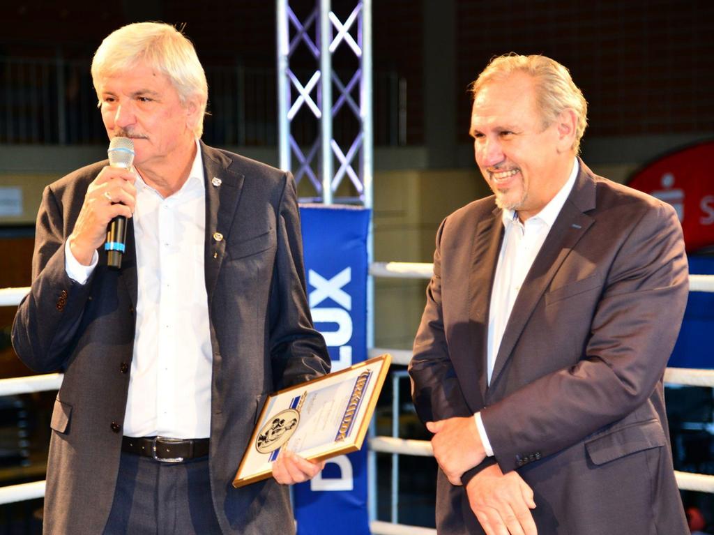 Walter Nowotny (links) erhielt die goldene Ehrennadel des Bayerischen Amateur-Box-Verbandes durch dessen Präsidenten Heiner Pauckner.