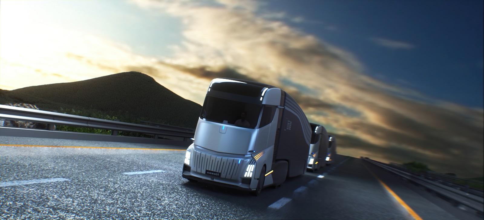 Der Homtruck soll über autonome Fahrfunktionen verfügen. Hier bewegt er sich mit Seinesgleichen im Konvoi. Der Homtruck soll über autonome Fahrfunktionen verfügen. Hier bewegt er sich mit Seinesgleichen im Konvoi.