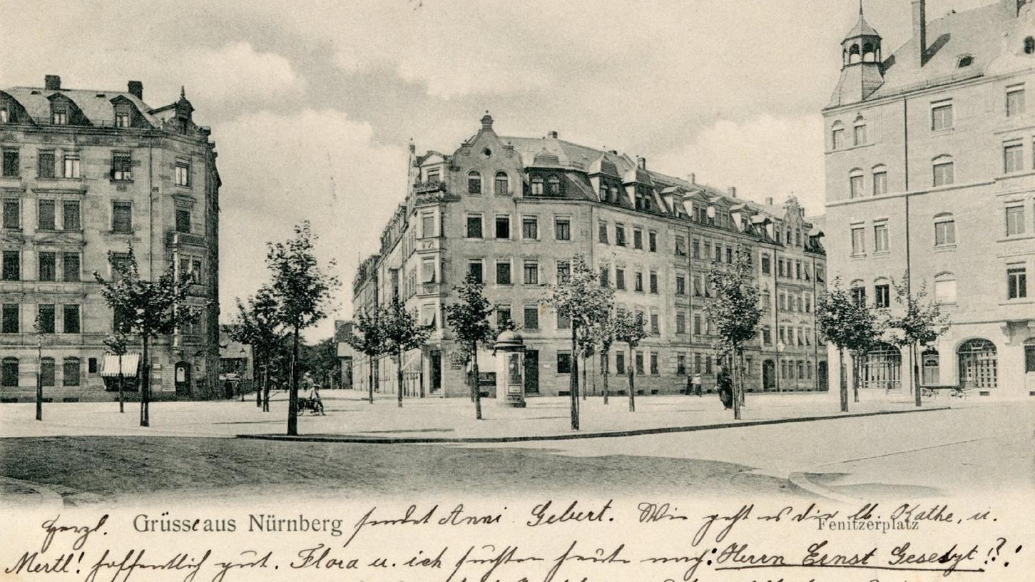 Eine Stadtteilmitte ganz nach Geschmack der Belle Époque: Der Fenitzerplatz gegen Norden mit den Häusern Fenitzerstraße 27, Fenitzerplatz 2 und 4 (von links), aufgenommen zwischen 1905 und 1907.  