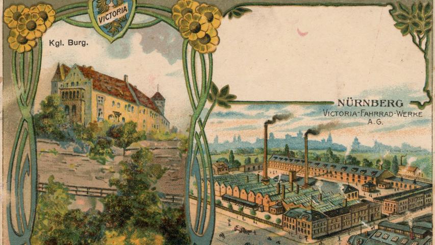 Diese gemalte Vogelschau (rechts) vermittelt ein realistisches Bild des Victoria-Werksgeländes um 1905. Links verläuft die Fenitzerstraße. Nur die Altstadt ist freilich nicht da, wo unser Industriemaler sie aus Image-Gründen platziert hat.  