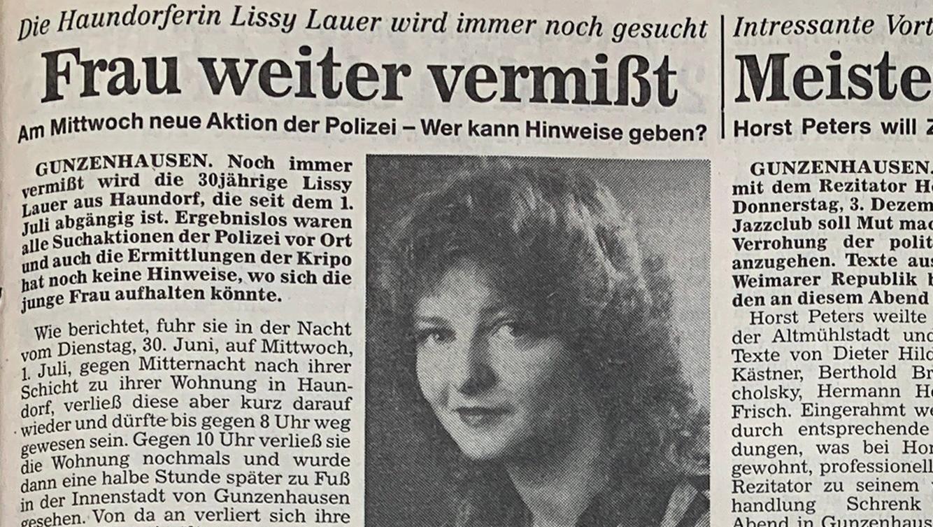 Mehrfach berichtete der Altmühl-Bote 1992 und 1993 über das Verschwinden von Lieselotte Lauer – hier zu sehen ein Artikel vom Montag, 30. November 1992.