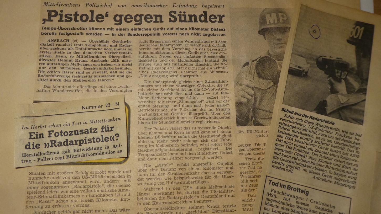 Vor 45 Jahren entdeckte der damalige mittelfränkische Polizeichef Helmut Kraus bei der US-Army die „Wunderwaffe Radarpistole“. Auf die „Brust gesetzt“ wurde sie allerdings erst viel später mit moderner Lasertechnik den Rasern. Foto: o.n. Vor 45 Jahren entdeckte der damalige mittelfränkische Polizeichef Helmut Kraus bei der US-Army die „Wunderwaffe Radarpistole“. Auf die „Brust gesetzt“ wurde sie allerdings erst viel später mit moderner Lasertechnik den Rasern. Foto: o.n.