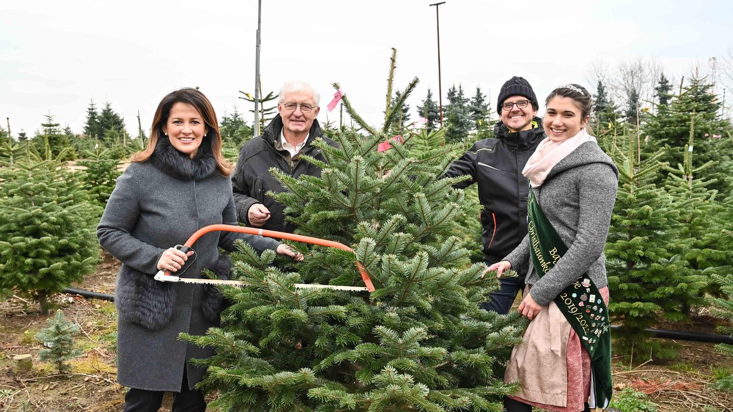 Damit hier keine fake news verbreitet werden: Eigentlich übernahm Landtagsabgeordneter Volker Bauer ja das Fällen des ersten Christbaums der Saison. Aber fürs Pressefoto griff die Ministerin auch gern selber zur Säge.