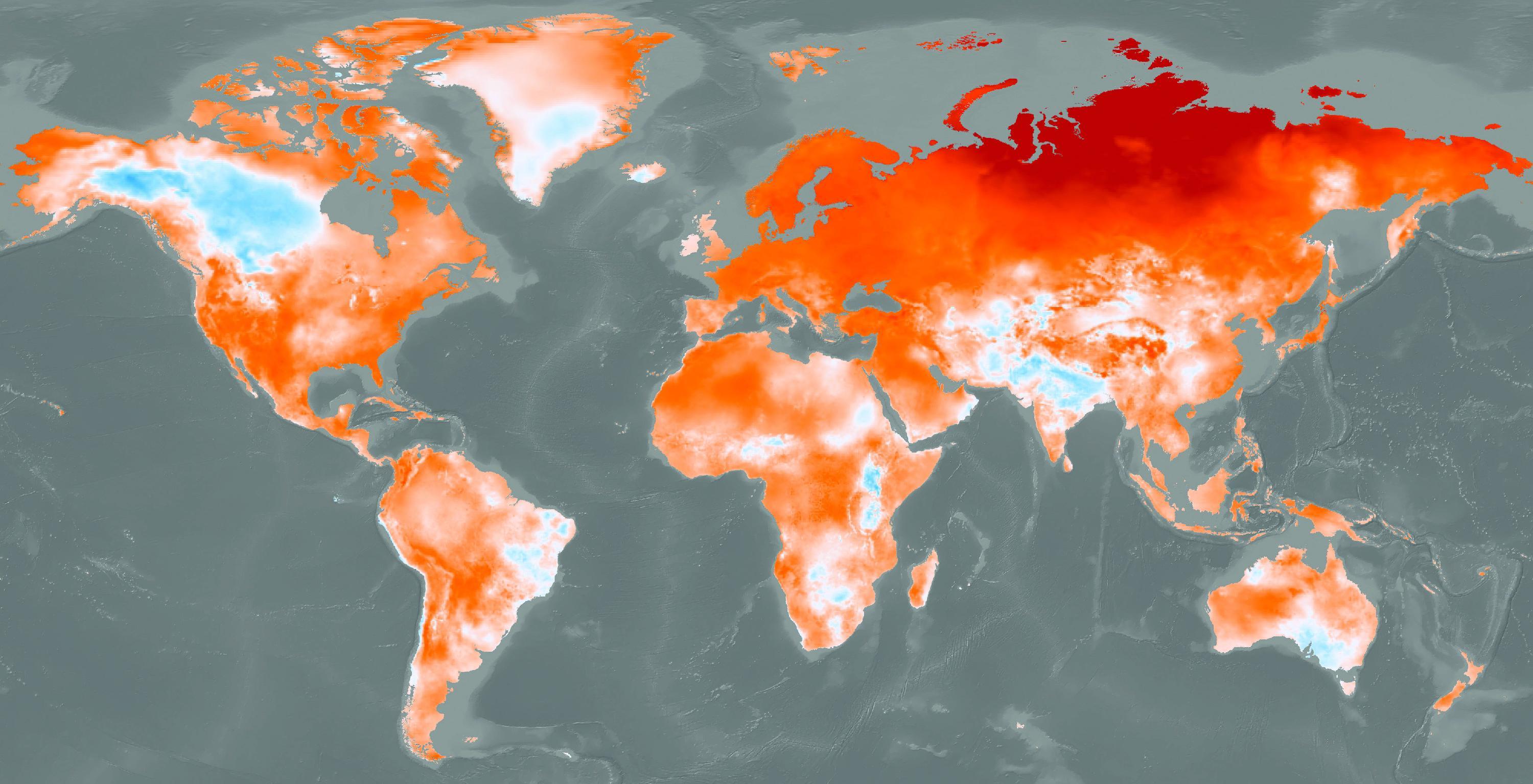 Die Karte der Temperaturabweichungen 2020 im Vergleich zum Zeitraum 1981-2010 zeigt fast überall eine Zunahme, besonders im Norden Sibiriens - wo der tauende Permafrostboden den Klimakiller Methan freigibt.  