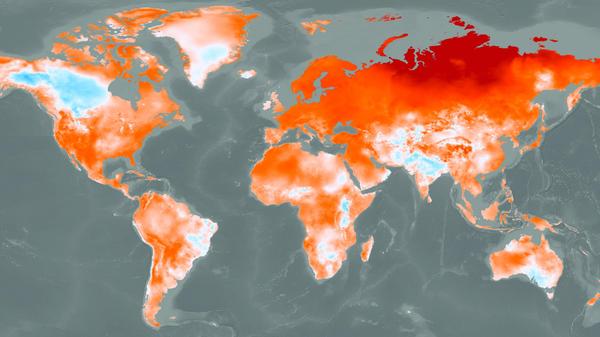 Die Karte der Temperaturabweichungen 2020 im Vergleich zum Zeitraum 1981-2010 zeigt fast überall eine Zunahme, besonders im Norden Sibiriens - wo der tauende Permafrostboden den Klimakiller Methan freigibt.