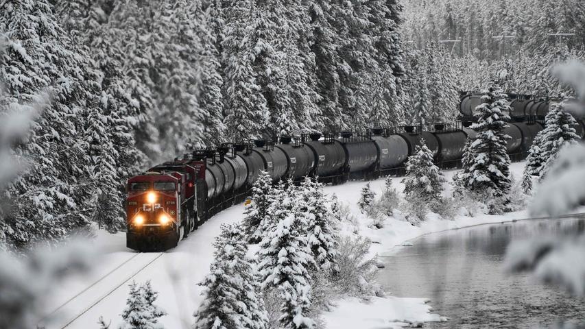 Wie gemalt: Eine Lokomotive der Canadian Pacific Railway aufgenommen in schneeweißer Landschaft in der Nähe von Lake Louise im Banff National Park.
