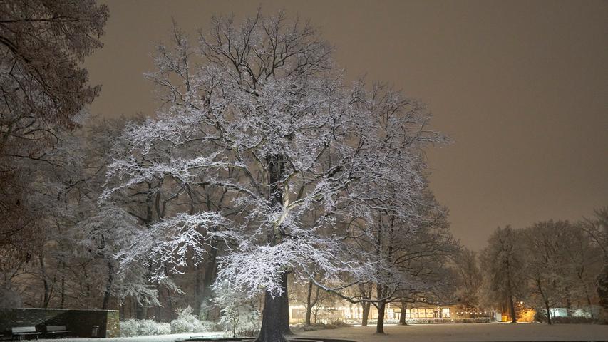Der Fürther Stadtpark sieht auch im Winter richtig schön aus - im Hintergrund das warme Licht des Stadtparkcafés.