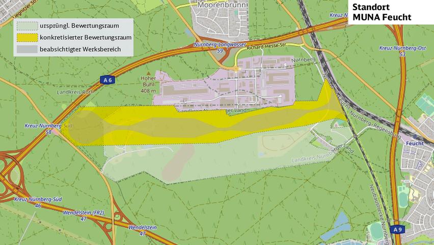 So sieht der Plan der Bahn für ein mögliches ICE-Instandhaltungswerk auf dem Gelände "Muna Nord" bei Feucht aus. Die Bürgerinitiative lehnt den Standort ab und fordert, dass die Bahn auf bereits versiegelten Flächen baut.  
