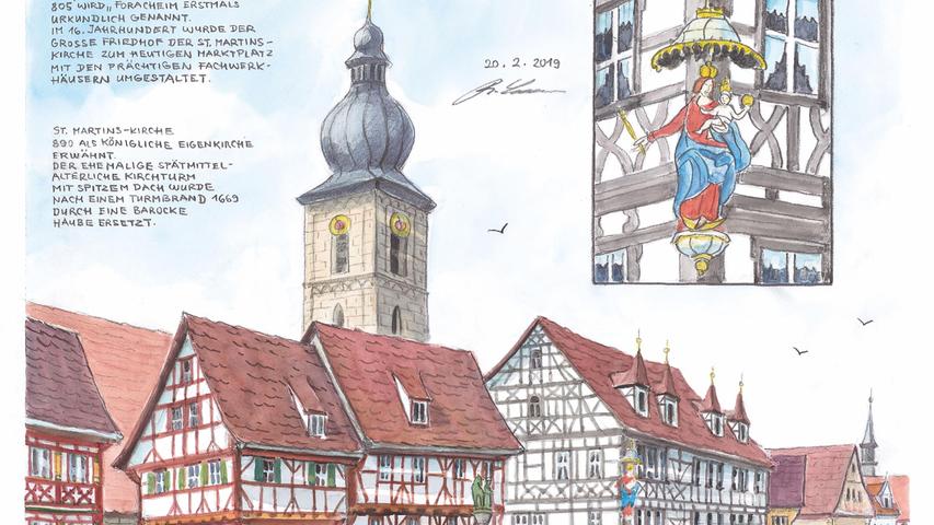 Das Fachwerk am Streit- und Frechshaus auf dem Forchheimer Rathausplatz mit der Kirche St. Martin dahinter hat der Kunstmaler ebenfalls eingefangen.