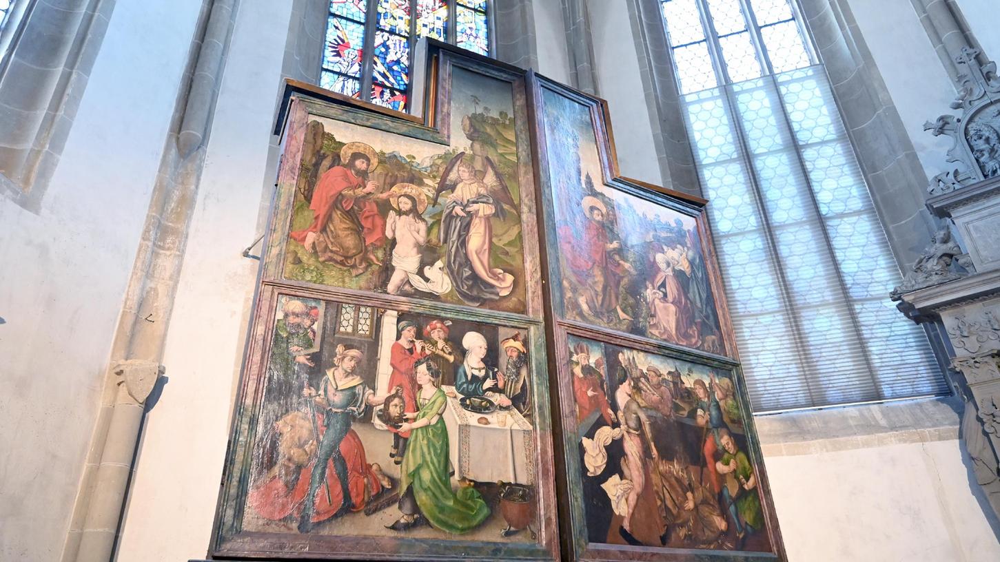 Das möglicherweise neu entdeckte Werk von Albrecht Dürer (links unten) im spätgotischen Flügelaltar der Crailsheimer Johanneskirche.
Das möglicherweise neu entdeckte Werk von Albrecht Dürer (links unten) im spätgotischen Flügelaltar der Crailsheimer Johanneskirche.