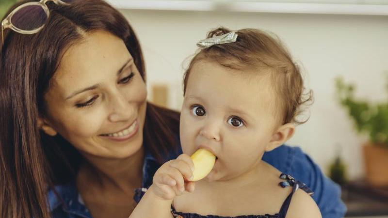 Mehr ein Knabbern und Ausprobieren als echtes Essen: Babys erhalten nach einigen Monaten zur Milch die erste Beikost. Mehr ein Knabbern und Ausprobieren als echtes Essen: Babys erhalten nach einigen Monaten zur Milch die erste Beikost.