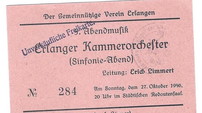 Im Oktober 1946 war das Erlanger Kammerorchester mit einem Sinfonie-Abend zu Gast im „Staedtischen Redoutensaal“.
Im Oktober 1946 war das Erlanger Kammerorchester mit einem Sinfonie-Abend zu Gast im „Staedtischen Redoutensaal“.