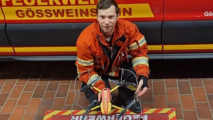 Kommandant Marcel Zweck im der Drohne im Feuerwehrhaus Gößweinstein. Foto: Thomas Weichert Kommandant Marcel Zweck im der Drohne im Feuerwehrhaus Gößweinstein. Foto: Thomas Weichert
