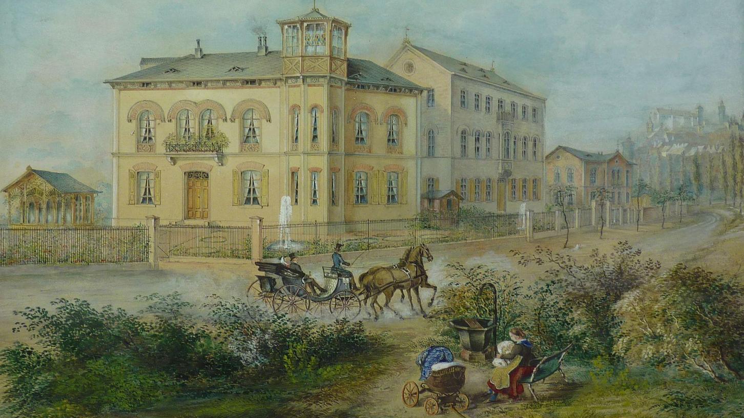 1861 konnte man am Spittlertorgraben wohl wirklich noch mit dem Baby auf dem Arm frische Luft und Naturidyll genießen. Auf der Zeichnung von Heinrich Grünewald ist links neben der Kaiserburg die junge Villa Gonnermann zu sehen.  