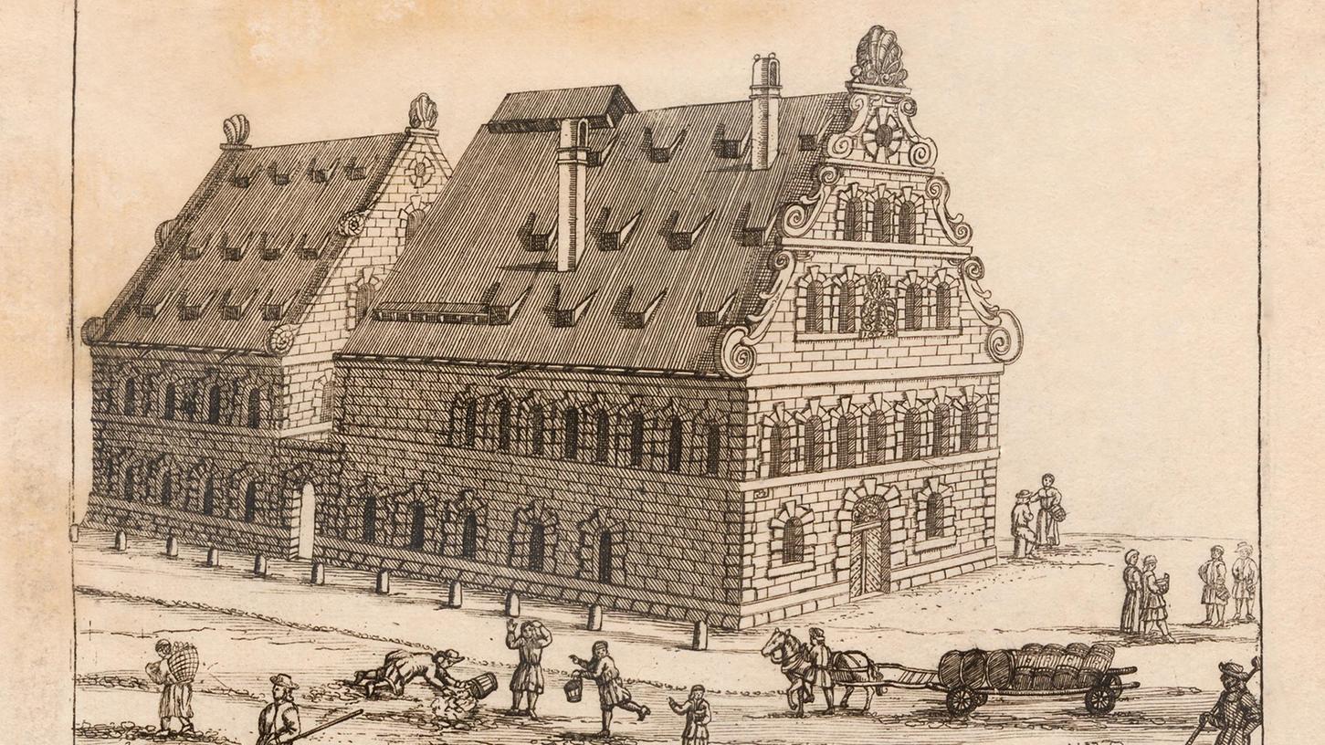 Das städtisches Weizenbräuhaus in Nürnberg an der heutigen Karl-Grillenberger-Straße auf einer Radierung von Johann Alexander Boener aus dem 18. Jahrhundert.
