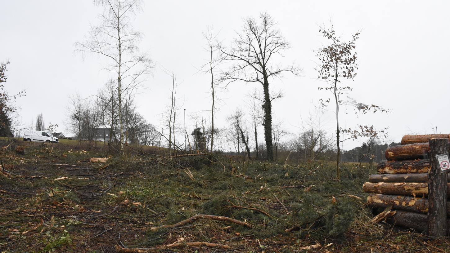 Ein Chaos aus Holzresten liegt nun am Ausgang der Rückersdorfer Laufer Straße gegenüber dem Strengenberg. Vor der Abholzung war die Sicht auf den Hügel verdeckt. Ein Chaos aus Holzresten liegt nun am Ausgang der Rückersdorfer Laufer Straße gegenüber dem Strengenberg. Vor der Abholzung war die Sicht auf den Hügel verdeckt.