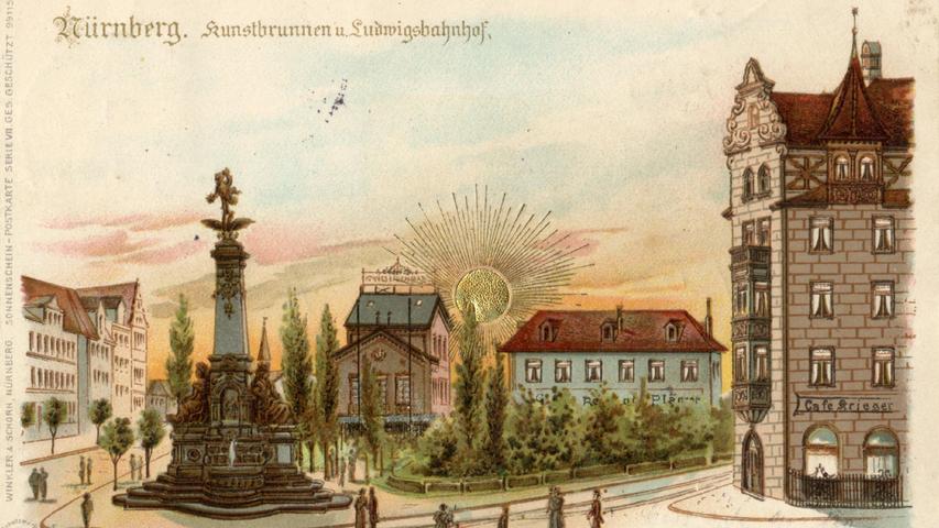 Fast wie auf einem realsozialistischen Propagandagemälde inszenierte man den Plärrer mit dem Ludwigsbahnhof und dem Eisenbahndenkmal anno 1899.  