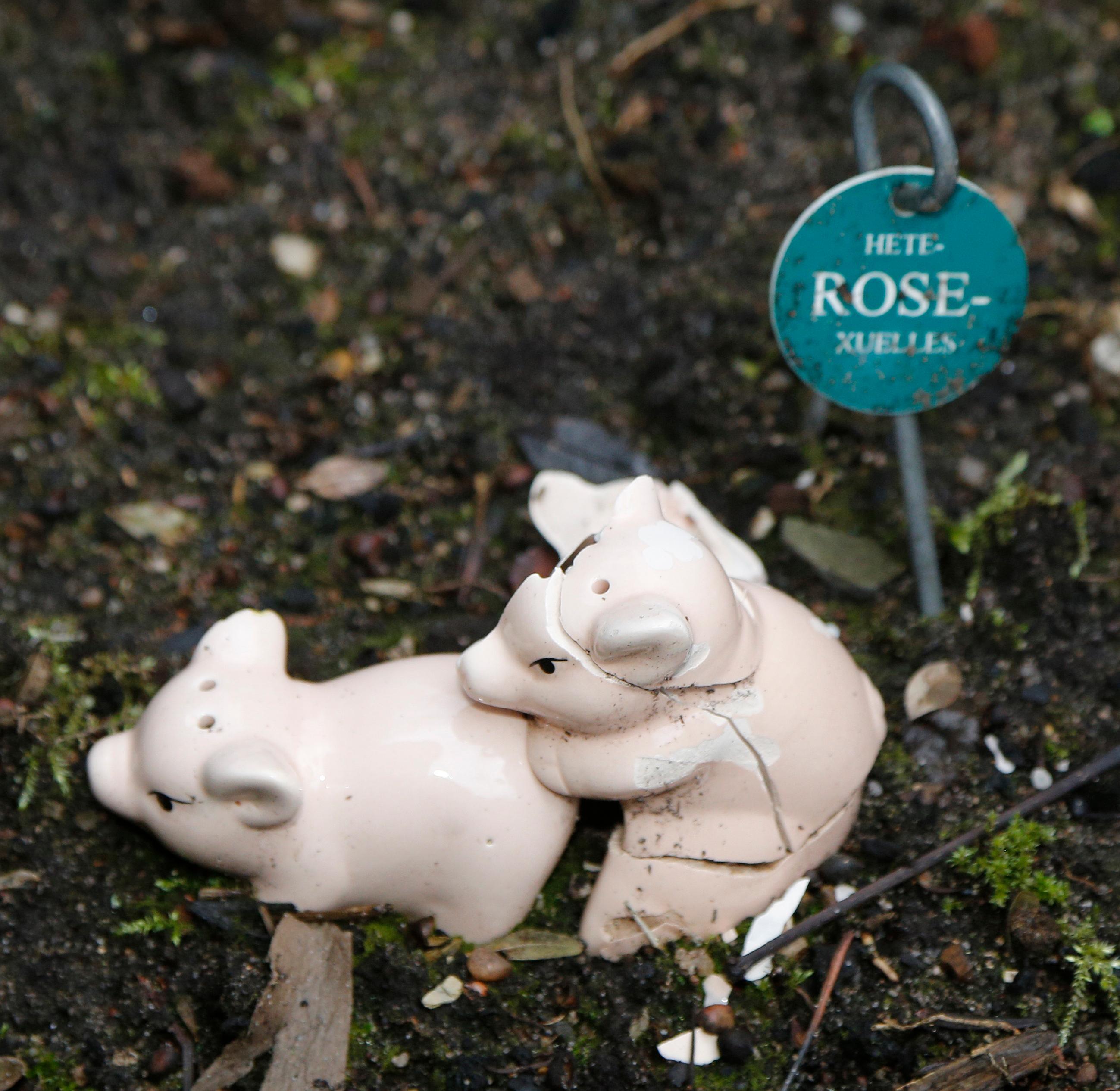 Ähm ja, Sie sehen recht, Ferkeleien! Den Rosengarten hat der Wortakrobat mit eigens entworfenen Schildern dekoriert, die den Begriff "Rose" enthalten. Wie hier die heterROSEsexuellen Schweinchen. 