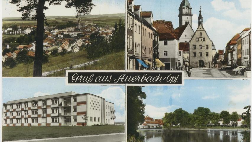 Oben rechts das Rathaus mit seiner alten grauen Fassade, wie sie auf vielen Bildern der 650-Jahrfeier zu sehen ist. Unten der Stadtweiher, links das in den Sechzigern neu erbaute Krankenhaus und oben Blick auf die Stadt vom Gottvaterberg aus.  
