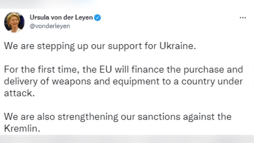 Die EU wird eine halbe Milliarde Euro für die Lieferung von Waffen und Ausrüstung an die ukrainischen Streitkräfte zur Verfügung stellen. Darauf einigen sich die ständigen Vertreter der 27 Mitgliedstaaten am Sonntagabend in Brüssel, wie mehrere Diplomaten bestätigen. "Zum ersten Mal wird die Europäische Union den Kauf und die Lieferung von Waffen und anderen Ausrüstungsgegenständen an ein Land finanzieren, das angegriffen wird", sagt EU-Kommissionspräsidentin Ursula von der Leyen. Dies sei ein Wendepunkt. Die EU wird eine halbe Milliarde Euro für die Lieferung von Waffen und Ausrüstung an die ukrainischen Streitkräfte zur Verfügung stellen. Darauf einigen sich die ständigen Vertreter der 27 Mitgliedstaaten am Sonntagabend in Brüssel, wie mehrere Diplomaten bestätigen. "Zum ersten Mal wird die Europäische Union den Kauf und die Lieferung von Waffen und anderen Ausrüstungsgegenständen an ein Land finanzieren, das angegriffen wird", sagt EU-Kommissionspräsidentin Ursula von der Leyen. Dies sei ein Wendepunkt.