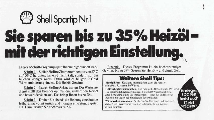 Zahlreiche Anzeigen in den Nürnberger Nachrichten enthielten damals Tipps zum Sparen von Heizöl und Benzin.