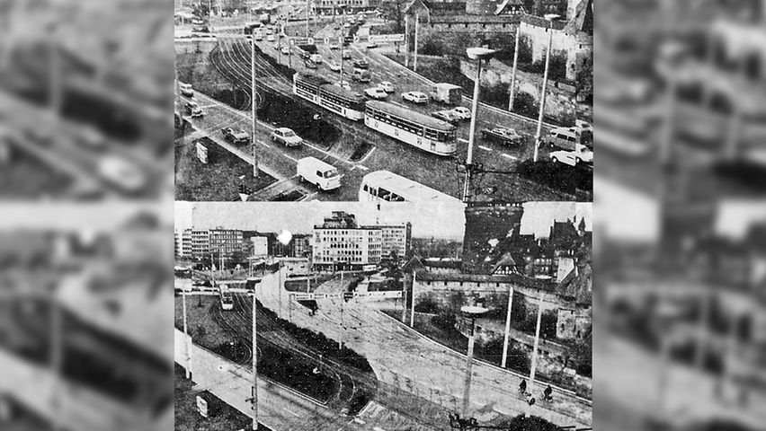 Auf beeindruckende Weise sieht man hier die Unterschiede: Das obere Foto vom Nürnberger Plärrer wurde am 18. November 1973 um 11 Uhr aufgenommen, das untere Bild sieben Tage später, also am ersten autofreien Sonntag zur selben Uhrzeit.
