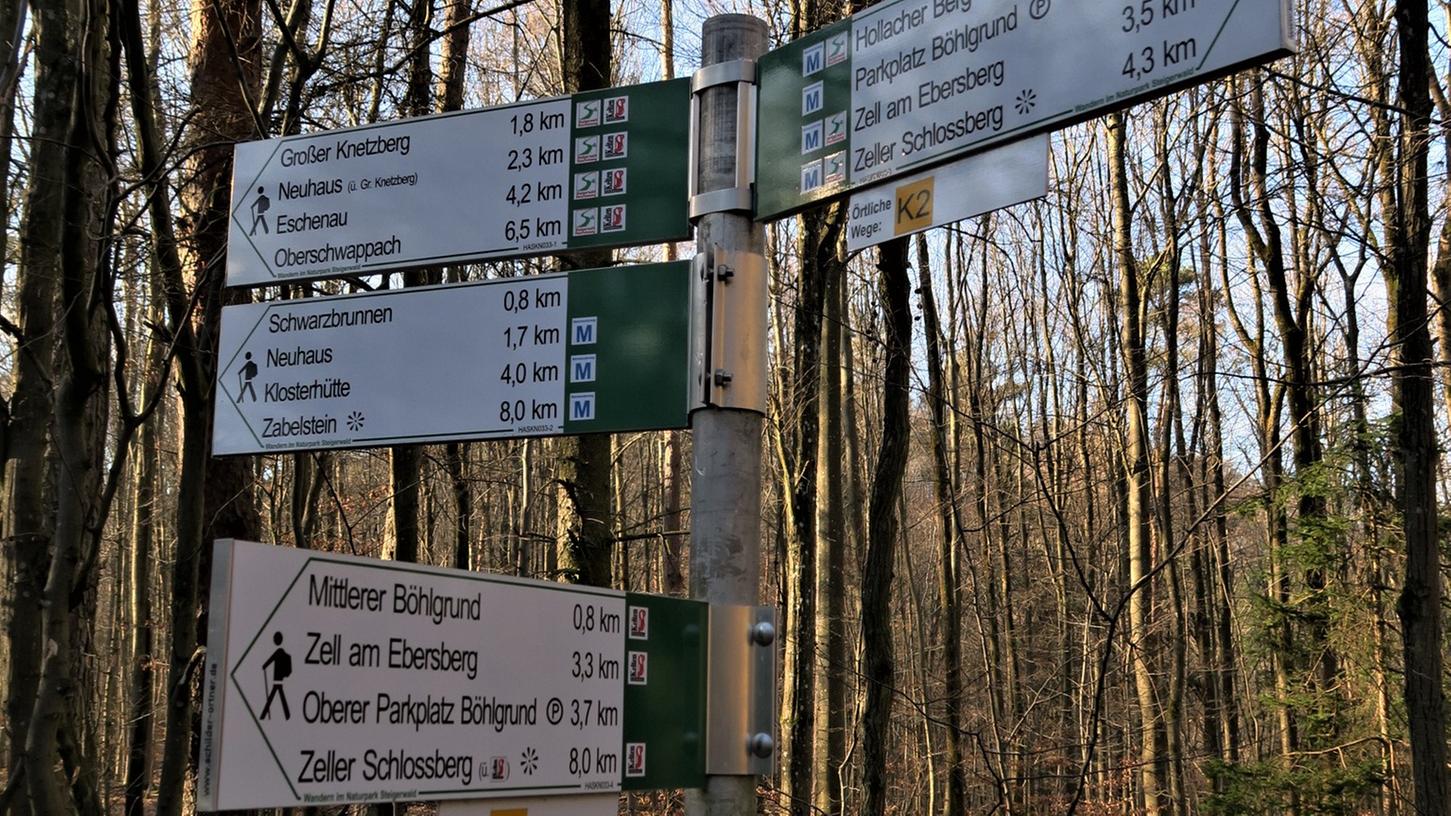 Im Landkreis Haßberge ist die "Knotenpunktbeschilderung" schon erfolgt. So wird sie einmal in der gesamten Wanderregion Steigerwald erfolgen. Foto: Jana Popp Im Landkreis Haßberge ist die "Knotenpunktbeschilderung" schon erfolgt. So wird sie einmal in der gesamten Wanderregion Steigerwald erfolgen. Foto: Jana Popp