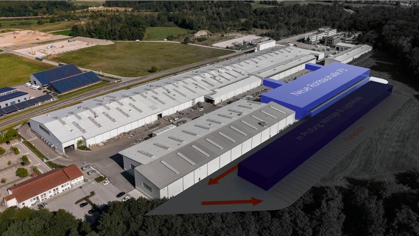 In Blau die neue Halle am Firmensitz von Huber SE in Erasbach. In Blau die neue Halle am Firmensitz von Huber SE in Erasbach.