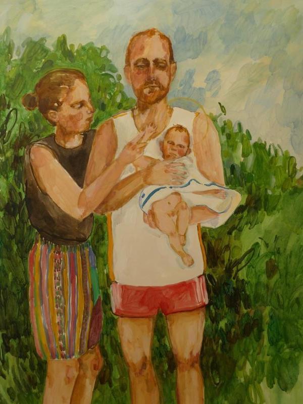 In Anlehnung an Darstellungen der heiligen Familie in der Kunstgeschichte hat Alena Scharrer dem Säugling im Bild einen zarten Heiligenschein verpasst.